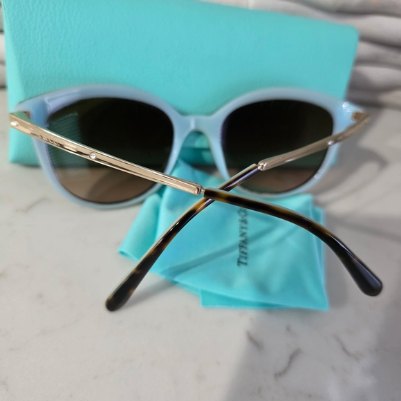 Tiffany & Co. Black Frame Sunglasses with Brown Lenses and Pale Blue Temple Tips - Picture 6 of 10